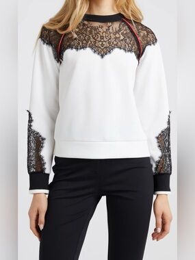 PINKO Lace Panel European Chic Sweatshirt Top White Black Red Trim Italy USA 8